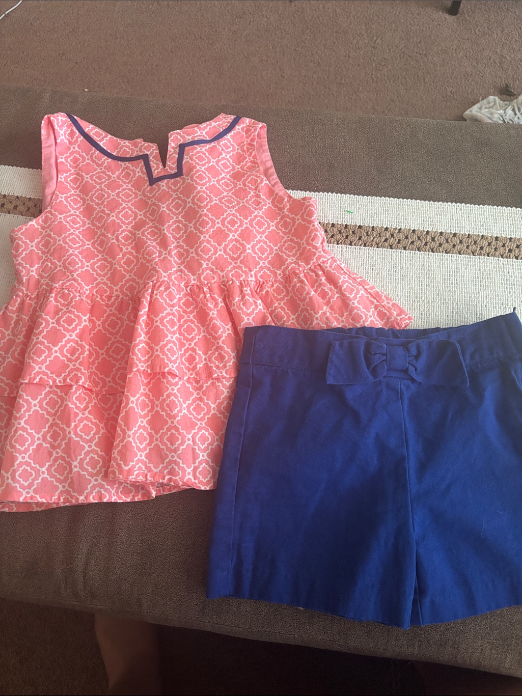 Janie And Jack Pink Patterned Peplum Top With Navy Blue Bow Shorts